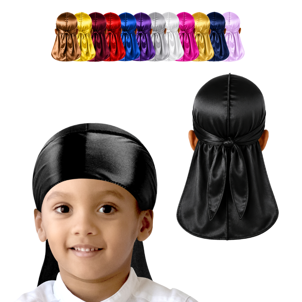 Junior Silky Satin Durag for Kids – Premium Soft Wave Cap for Waves, Braids & Locs | Wide Long Tail, Wrinkle-Free Hair Wrap for Boys & Girls