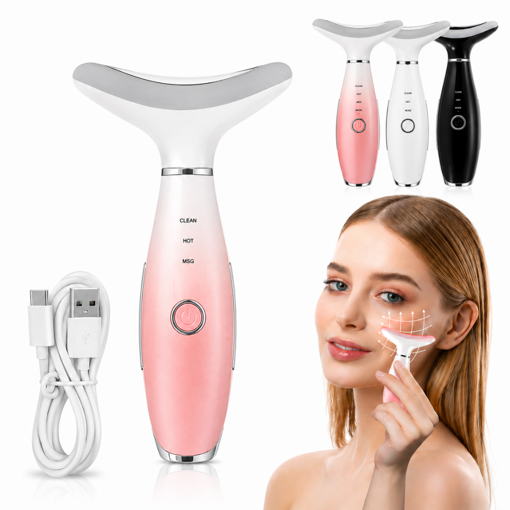 3-in-1 LED Light Skin Tightening Beauty Device for Face & Neck – Anti-Aging Face Massager with Heat & Vibration | Red/Blue/Green LED Light Therapy | Wrinkles, Sagging & Lift | Rechargeable Skincare portable Device with Box, Manual & Charging Cable - 4040