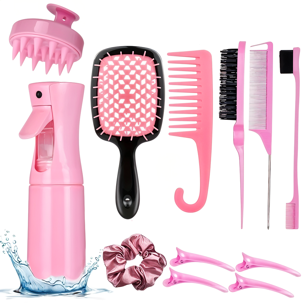 12Pcs Hair Comb & Detangling Brush Set for Women – Curly Hair Styling Kit with Spray Bottle & Sectioning Clips | Professional Salon Hair Tools for Natural, Coily, Kinky & Thick Hair - 3610,11,12