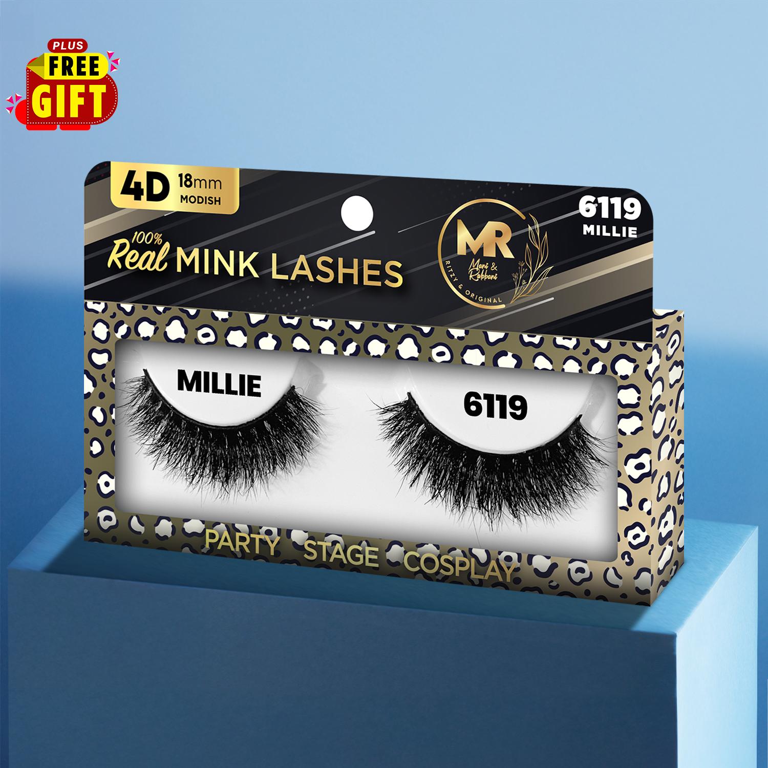 MR 4D Mink Lashes, 18mm Modish, Fluffy, Full, Thick, Dramatic, Eyelashes, Makeup, Cosmetic, Free Gift Included- 6119 Millie