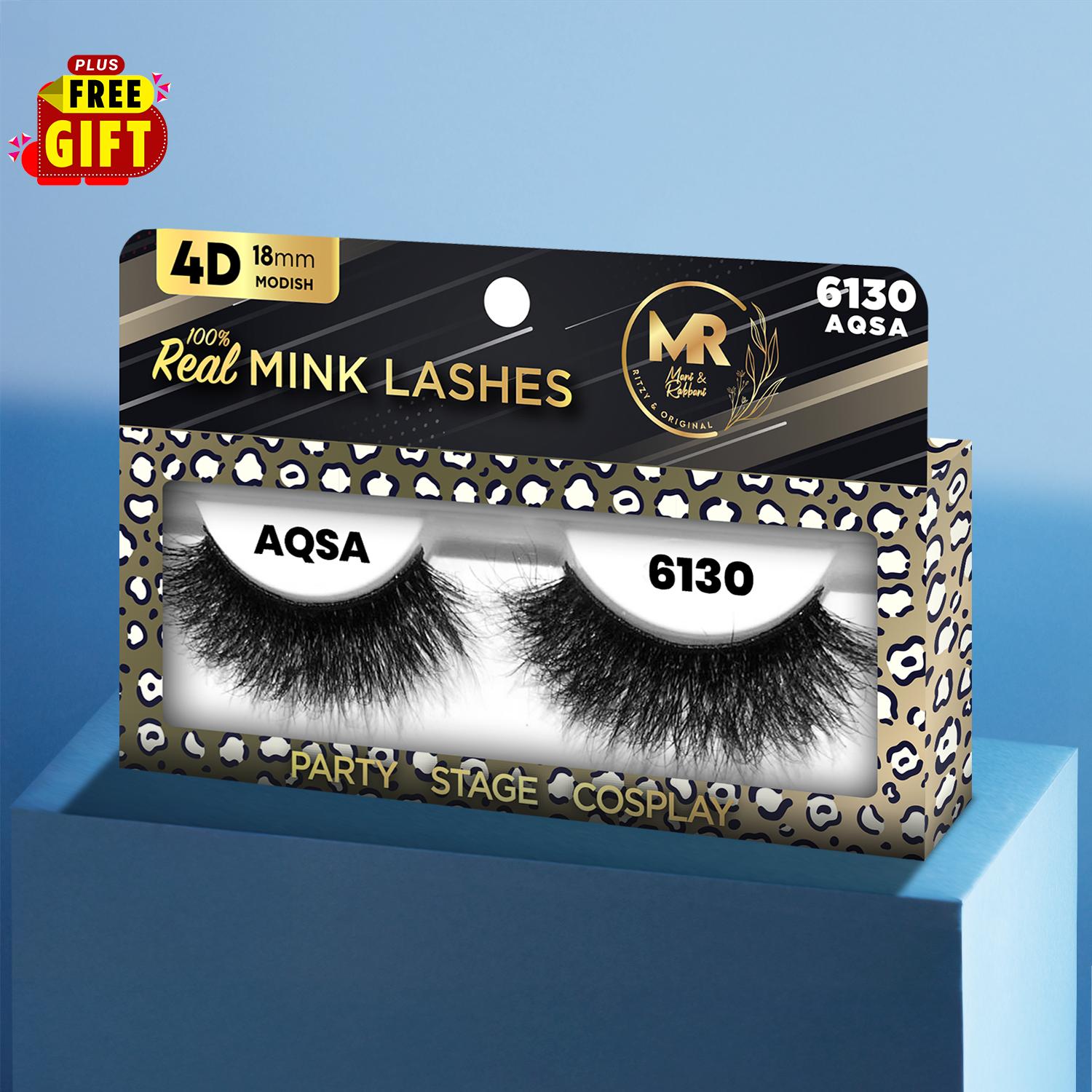 MR 4D Mink Lashes, 18mm Modish, Fluffy, Full, Thick, Dramatic, Eyelashes, Makeup, Cosmetic, Free Gift Included - 6130 AQSA