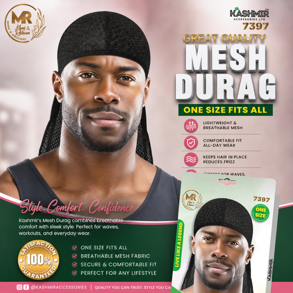Mesh Durag for Men & Women – Breathable Wave Cap for 360 Waves, Braids & Locs | Lightweight Stretch Headwrap with Long Tail & Strong Compression for Sports, Gym & Daily Wear - 7397