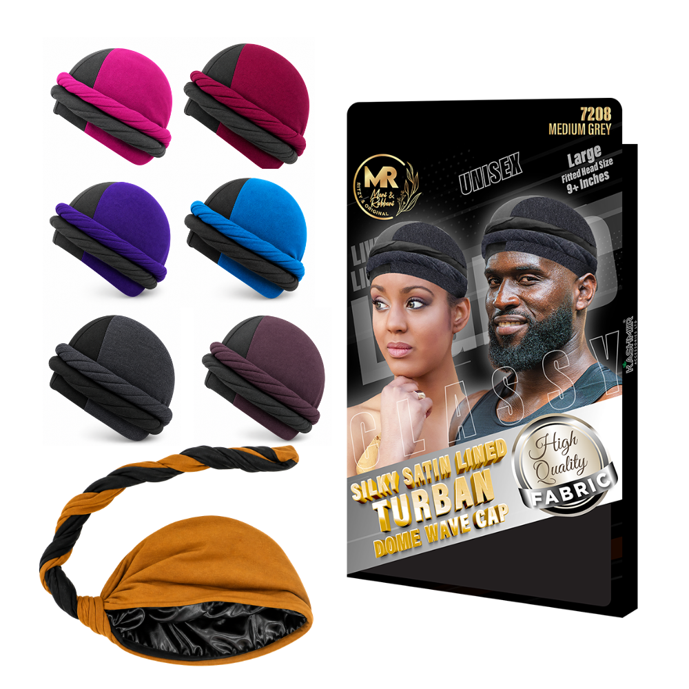 Silky Satin Lined Two-Tone Turban Dome Wave Cap for Men & Women – Pre-Tied Headwrap | Smooth Satin Inner Lining for Hair Protection, Waves, Braids & Daily Wear