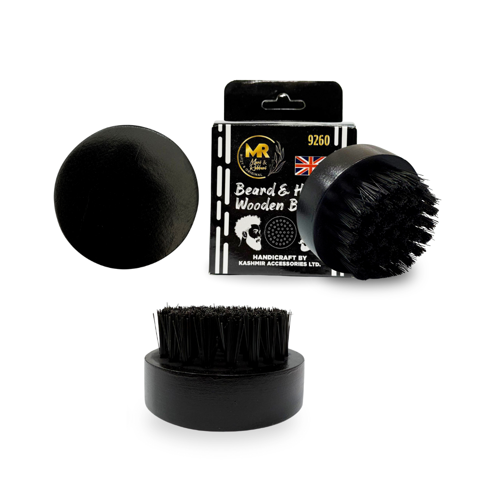 Round Small Beard & Hair Brush for Men – Black Boar Bristle Grooming Brush | Compact Styling & Detangling Brush for Beard, Mustache & Hair | Smooth Finish, Easy Grip, Travel Friendly - 9260