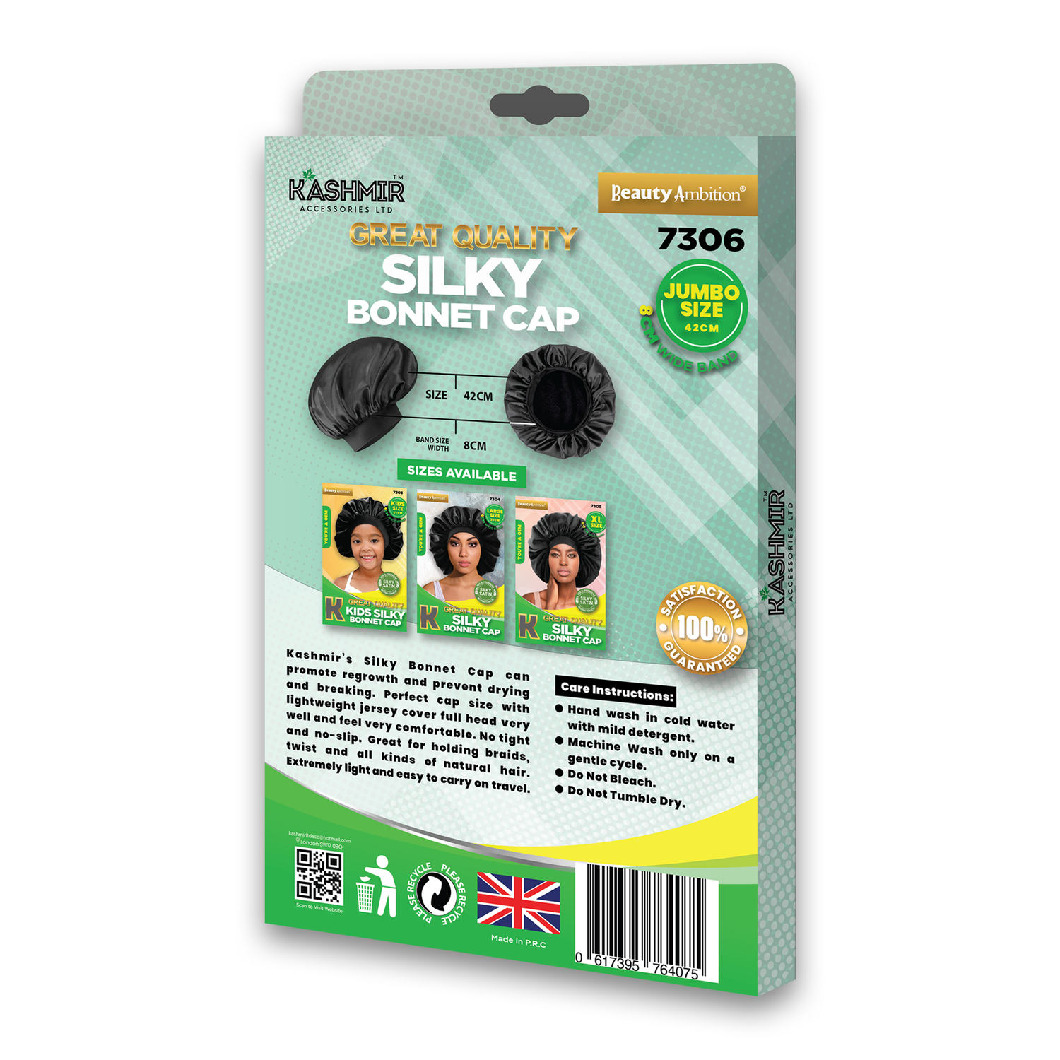 MR Great Quality Silky Bonnet Cap Jumbo Black - 7306